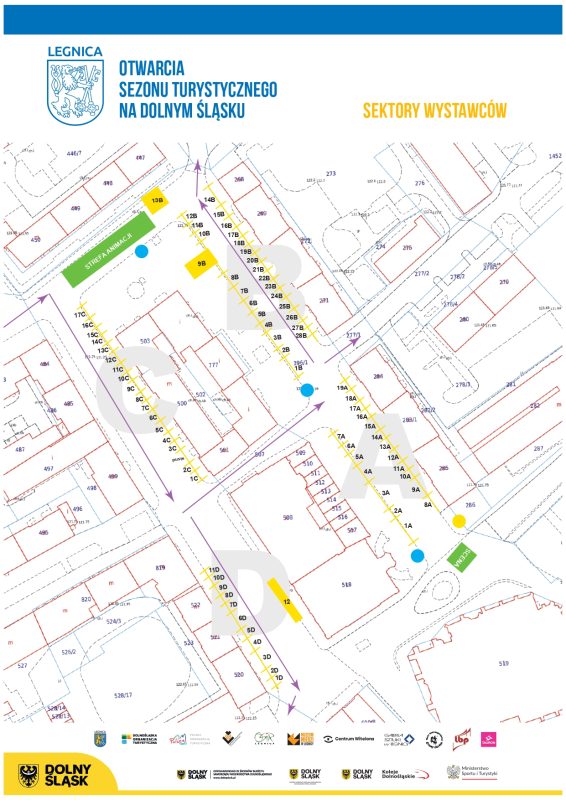 Mapka przedstawiająca lokalizacje stoisk promocyjnych podczas imprezy na rynku w Legnicy w dniach 26-27 kwietnia