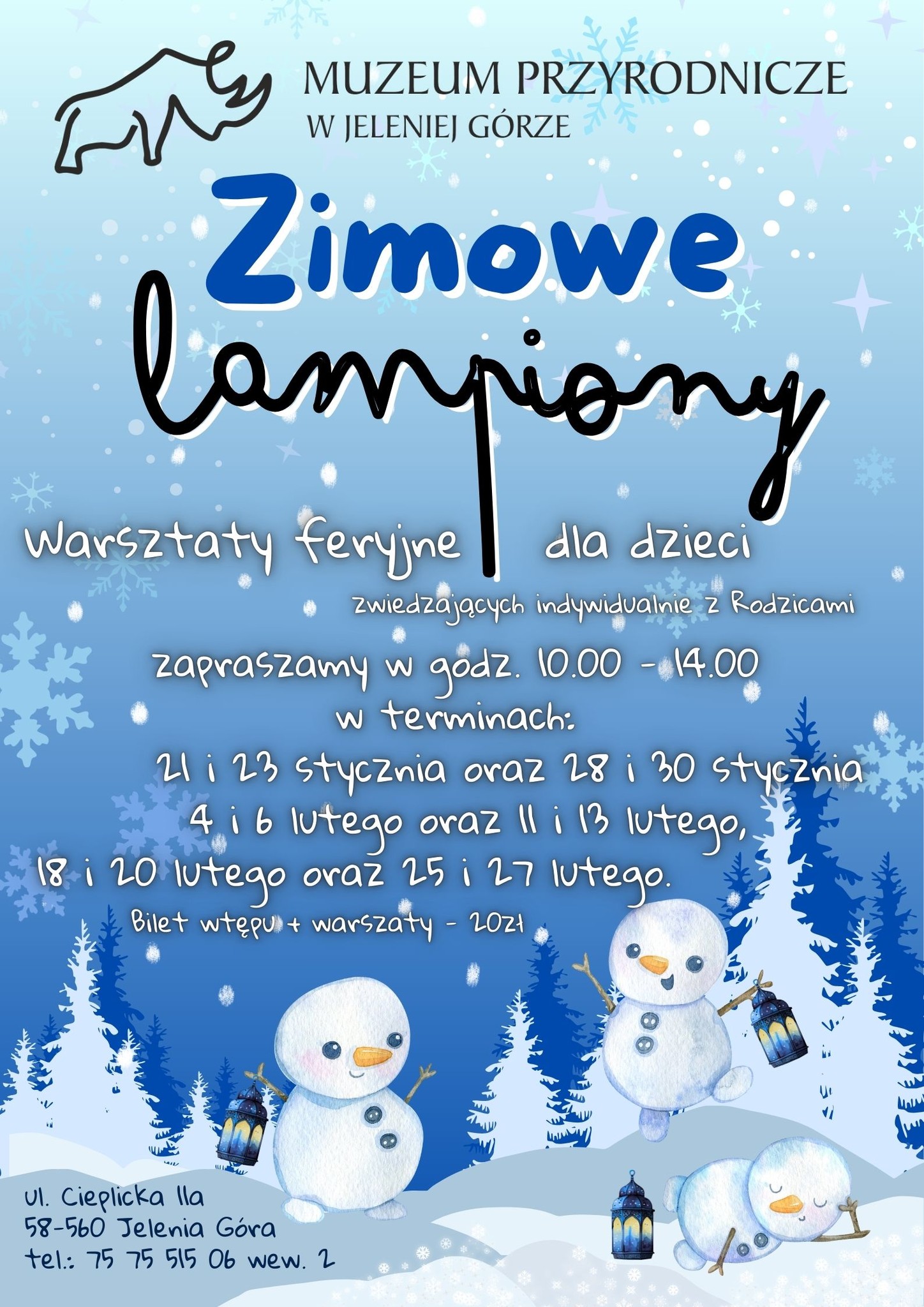 Plakat zapraszający na wydarzenie zimowe lampiony w muzeum przyrodniczym w jeleniej górze